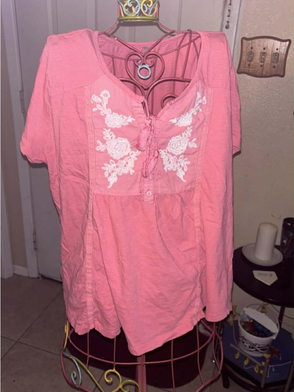 Women's Pink Embroidered Short Sleeve Peasant Top